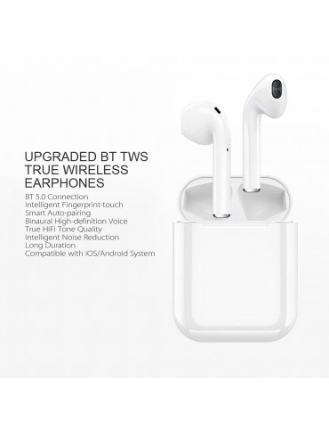 i12 True Wireless Earphones Wireless BT Earphones BT 5.0 Smart Headset Portable Sports Wireless Headset with 300mAh Charging Case Touch-control Noise Reduction Compatible with Android / iOS Devices